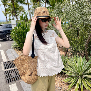 heidy海蒂 塞舌尔玫瑰 短袖满幅刺绣纯棉白衬衫娃娃衫圆领上衣女