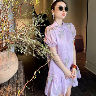 短裙连衣裙 苎麻刺绣中式 heidy海蒂 春夏新品