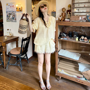 heidy海蒂 出海记 天丝苎麻套装麻绳海螺麦穗短裤娃娃短袖上衣女