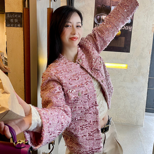 亮片粉色秋日小香风外套女小个子韩系 小香香 heidy海蒂 华丽