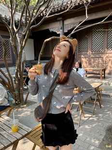 heidy海蒂 灰色刺绣羊毛针织衫谬系开衫打底衫毛衣外套女2025春秋