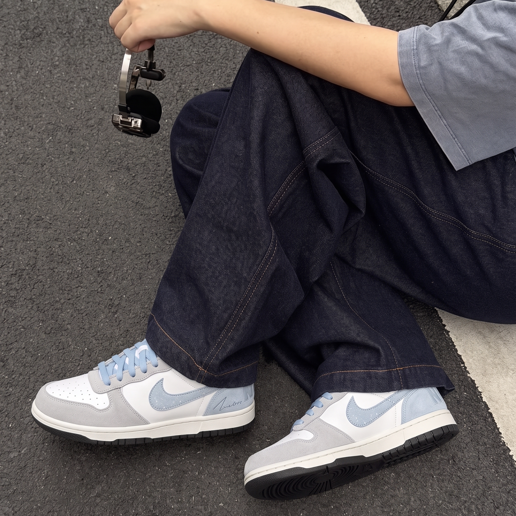 Nike Big 碎冰蓝清新百搭手绘晕染复古做旧嘻哈男女低帮板鞋
