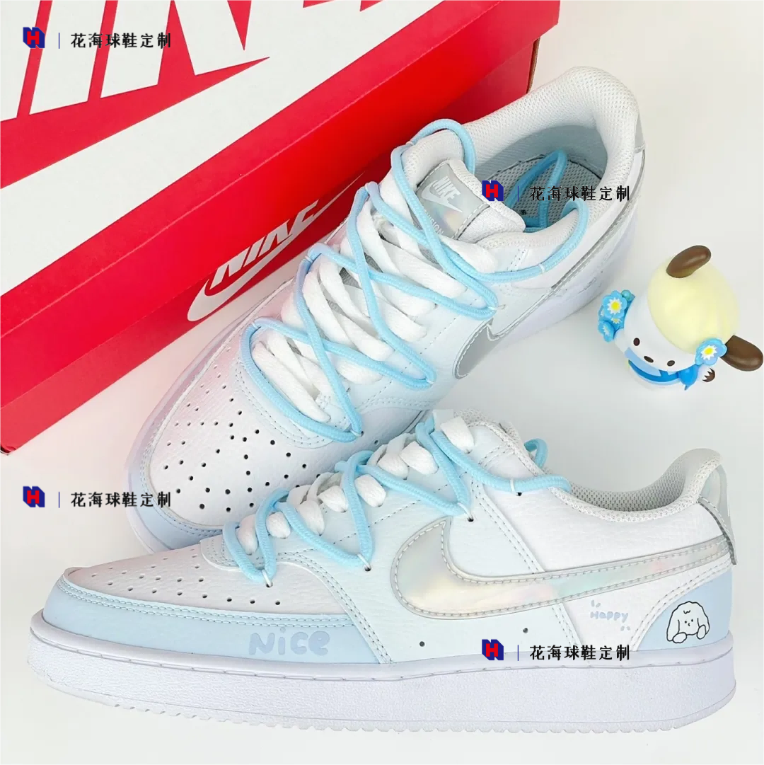 花海球鞋定制 Nike Court Vision 蓝色小狗低帮白蓝清新女款板鞋