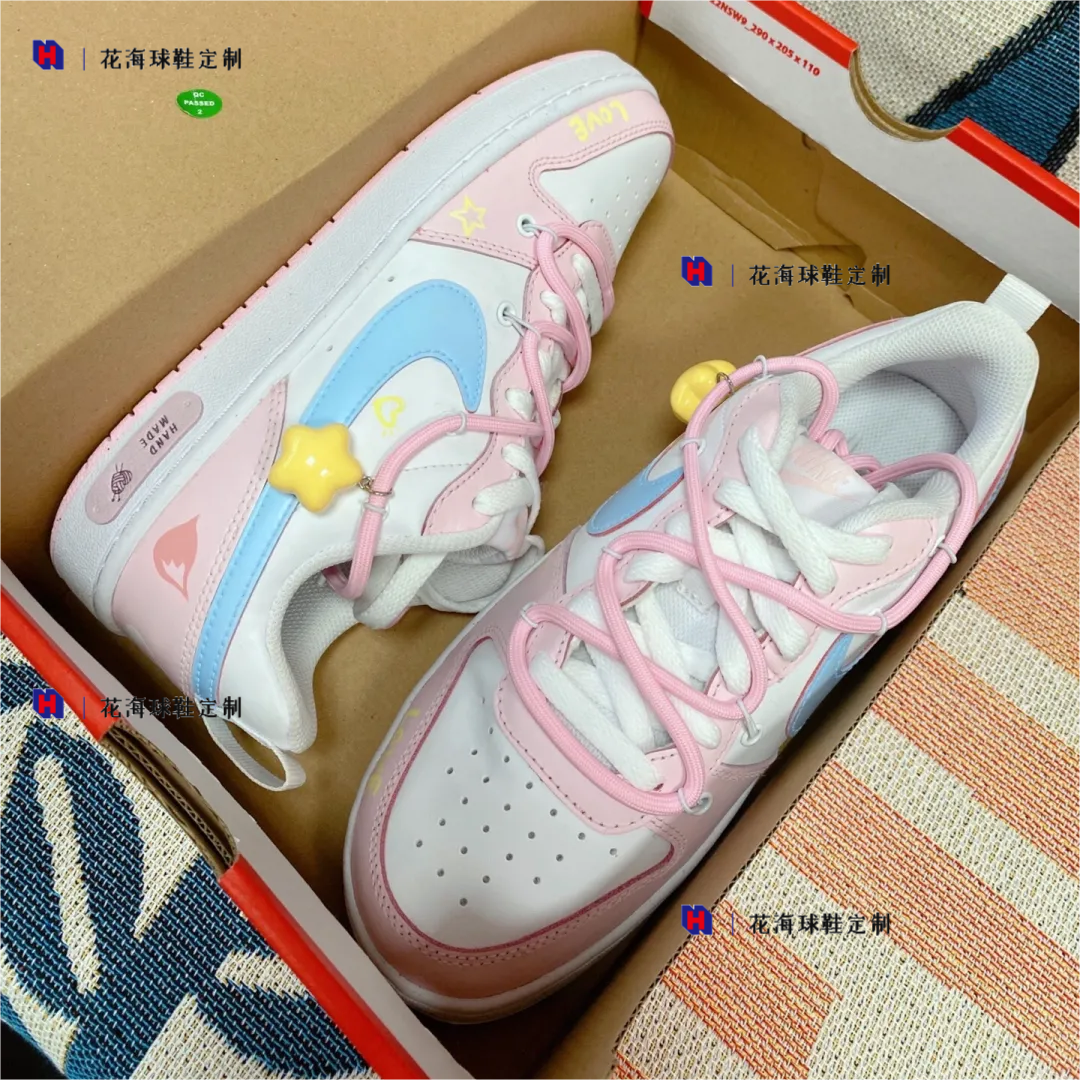 花海球鞋定制 Nike Court Borough 蓝粉色少女心小众低帮女款板鞋
