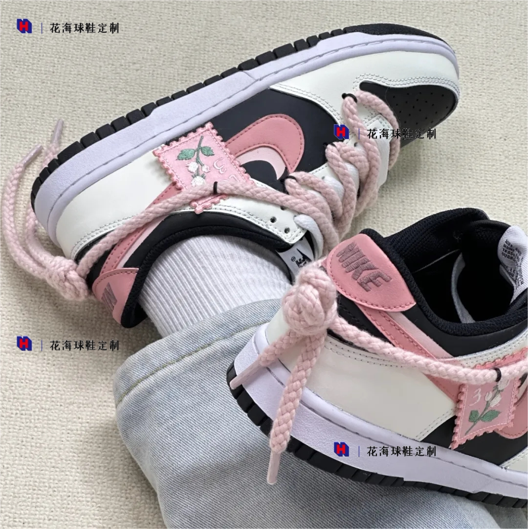 花海球鞋定制 Nike Dunk Low GS 芭比粉花园小众低帮黑白女款板鞋