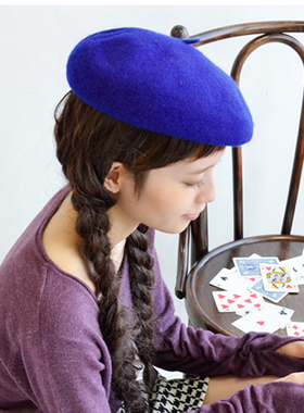 外贸原单澳洲羊毛呢贝雷帽女秋冬款光身百搭画家帽子糖果系宝蓝色