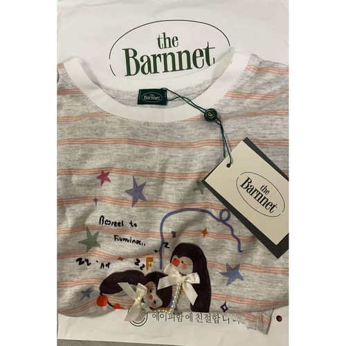 韩国theBarnnet减龄条纹长袖 蝴蝶结珍珠卡通印花休闲显瘦薄T恤