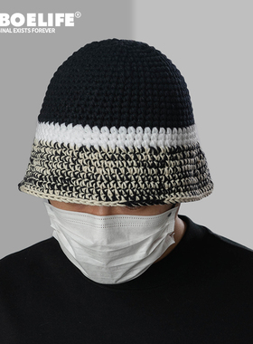 DABOE秋冬粗针织毛线渔夫帽男女大头显瘦水桶帽百搭拼色素颜遮脸