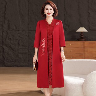 红色刺绣中老年连衣裙外套两件套优雅妈妈装春秋款大码礼服裙