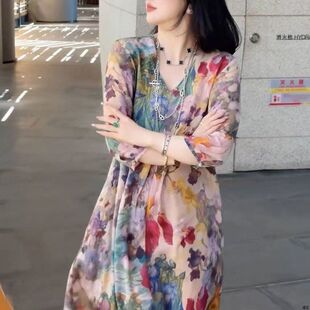 优雅花卉图案中老年大码长袖连衣裙宽松显瘦夏秋新款女式裙子