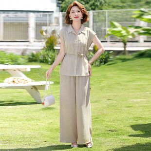 优雅中老年女士夏季新款套装时尚休闲两件套显瘦阔腿裤穿搭