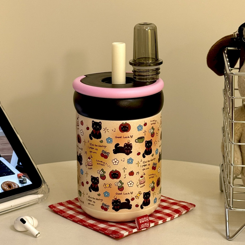 保温杯 女高颜值带吸管316不锈钢学生儿童水杯原创可爱小黑猫通勤