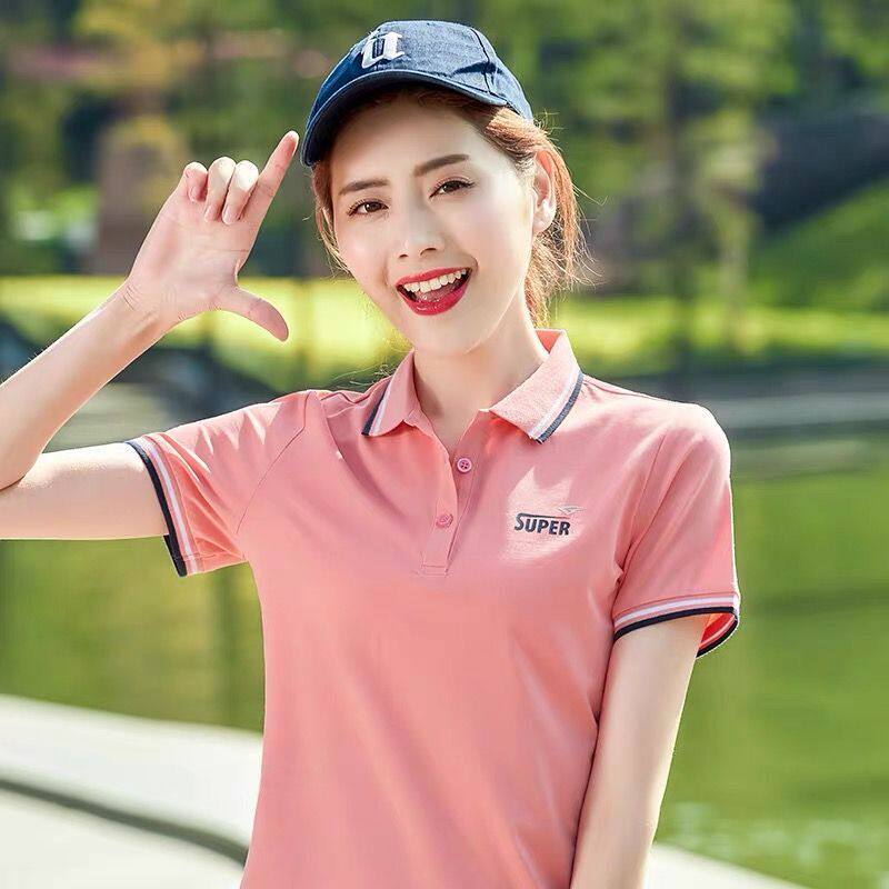 2025夏季翻领短袖t恤女宽松纯棉韩版休闲运动有领POLO衫带领印花