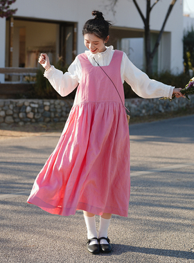 古苔 樱花粉连衣裙粉色入春100亚麻背心裙日系女孩bi入浅春系穿搭
