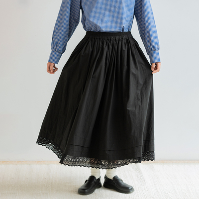 古苔黑色蕾丝拼接半身裙日系文艺