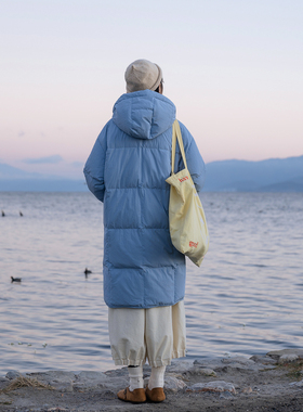 古苔「三明治穿搭」冰川蓝90白鸭绒羽绒服防风防水御寒中长款外套