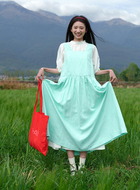 绿色亚麻背心裙古苔面料薄显瘦女