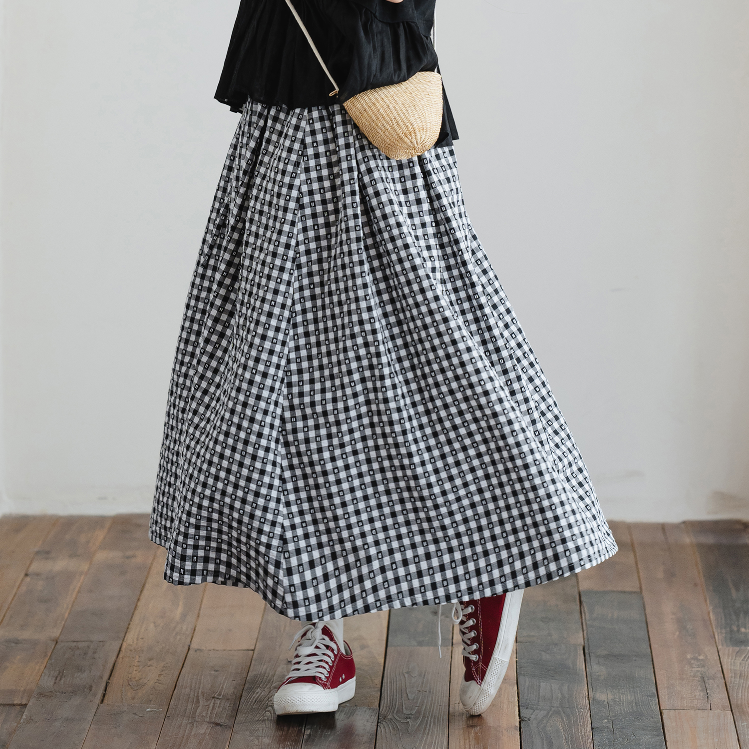 古苔剪花机理感格纹半身裙半裙