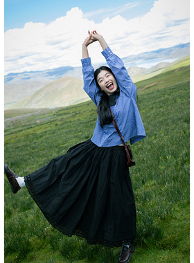 古苔miu式叠穿格纹长袖衬衣 纯棉早秋日系文艺穿搭蓝色格子上衣女