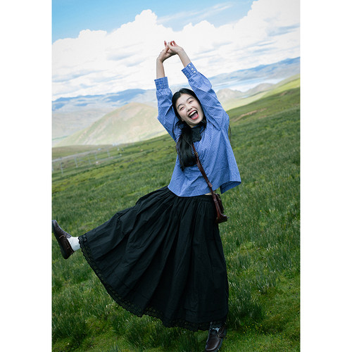 古苔miu式叠穿纯棉格纹长袖衬衣