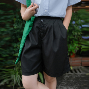 日系百搭小个子休闲阔腿裤 古苔 进口天丝棉黑色短裤