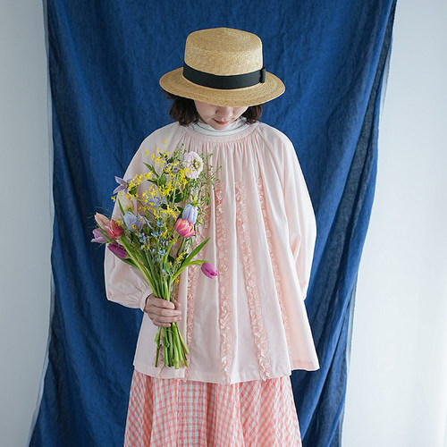 古苔樱花粉色手工捏褶花边上衣女