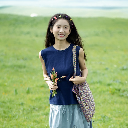 宽肩遮副乳100棉背心古苔日系风