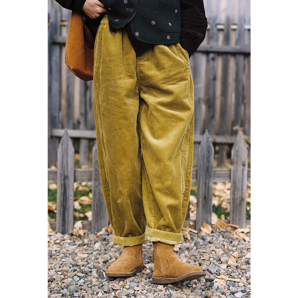 古苔复古绿灯芯绒显瘦萝卜裤子冬