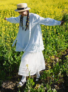 古苔 蓝色水洗棉连衣裙 木耳荷叶重工裙摆春秋基础显瘦短款裙子女