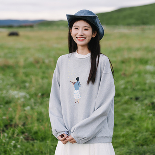古苔「十周年星星系列」灰色原创插画印花卫衣 超舒服手感上衣女