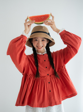 古苔 植物系ootd柿红色衬衫 真的好piu亮 小个子娃娃开衫春装上衣