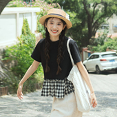 古苔 衣服日系风 小个子显瘦神衣日常 黑色格子拼接T恤短袖 娃娃衫