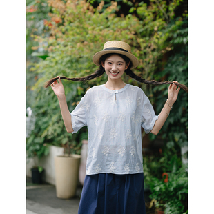 纯棉短袖 植物系刺绣夏季 古苔 小衫 套头上衣女 文艺透气超薄 短款