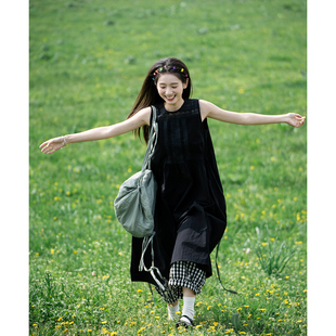 古苔 黑色背心裙 多种定染蕾丝拼接宽松藏肉三伏天友好裙子日系女