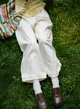 古苔「花边裤」白色100棉日系直筒裤子 小个子梨形身材bi入工装裤