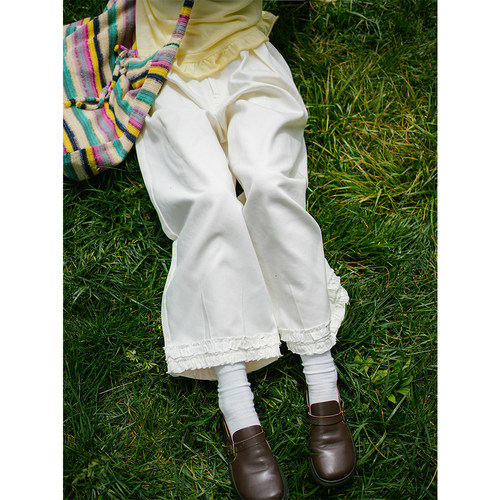 古苔白色亚麻日系直筒花边裤子女