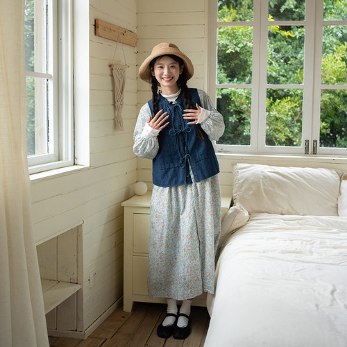 古苔日系碎花纯棉文艺清新连衣裙