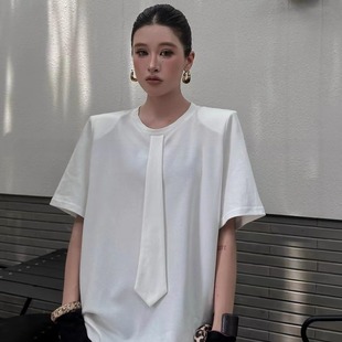 上衣 2025新款 时尚 潮流百搭纯色领带短袖 T恤女宽松显瘦休闲打底衫