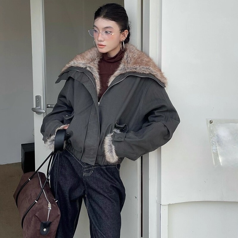 美式复古皮毛一体夹克大毛领外套冬季加绒加厚派克服短款棉服女潮