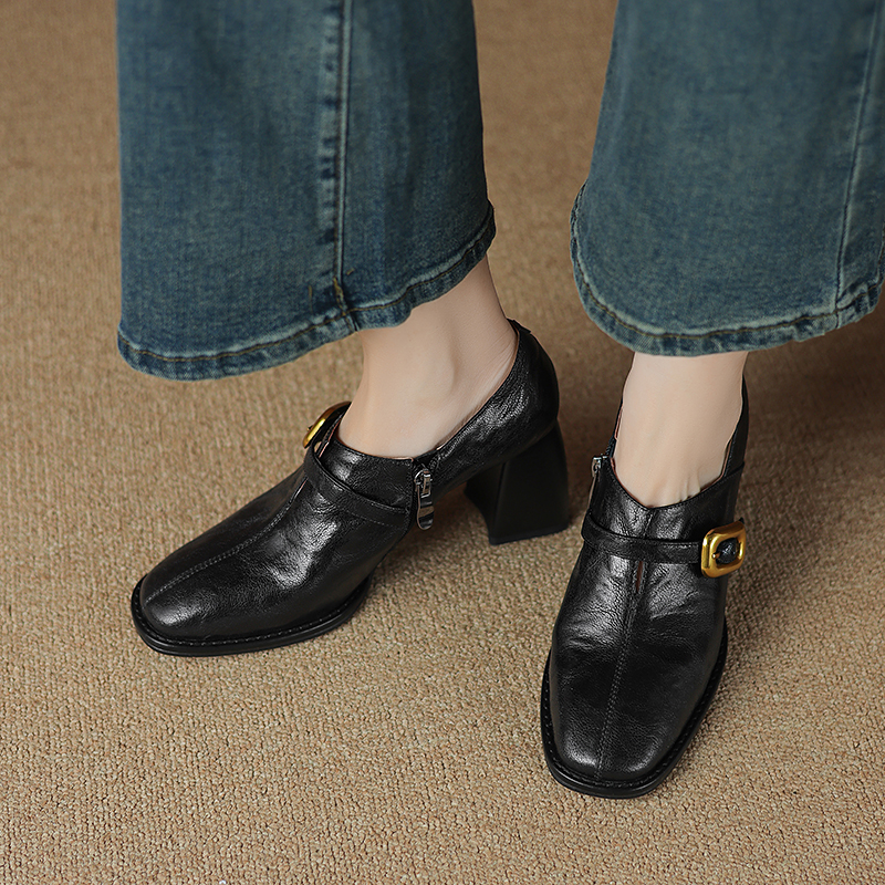 中年复古英伦风深口方头羊皮单鞋