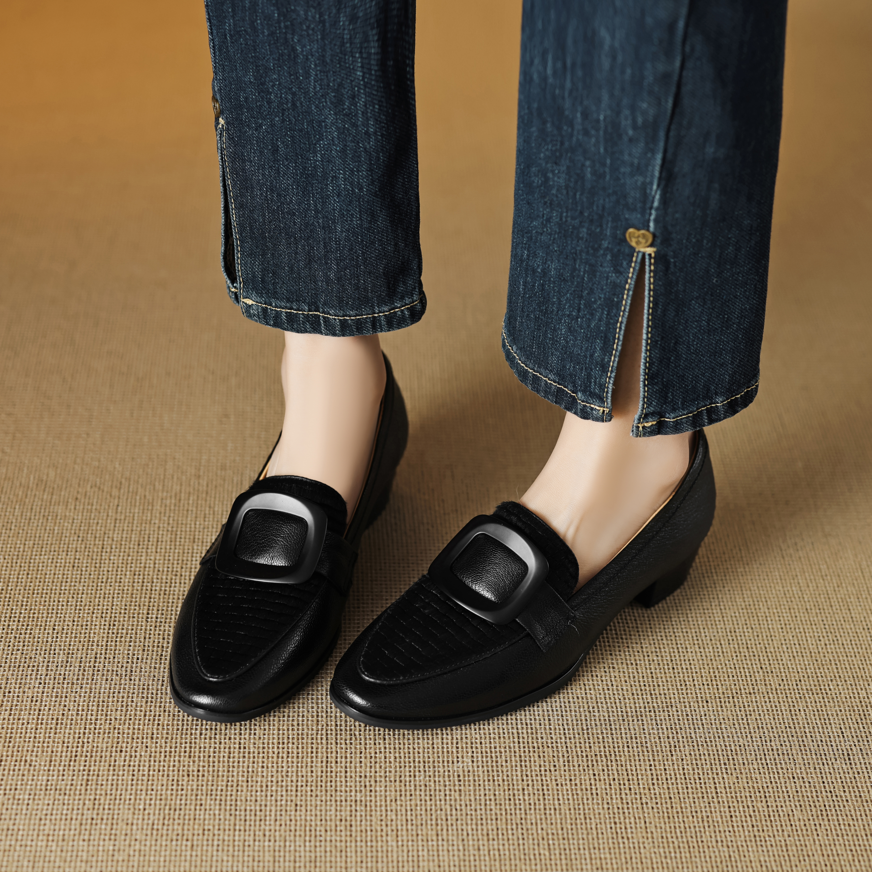 中老年真皮粗跟乐福鞋不累脚皮鞋