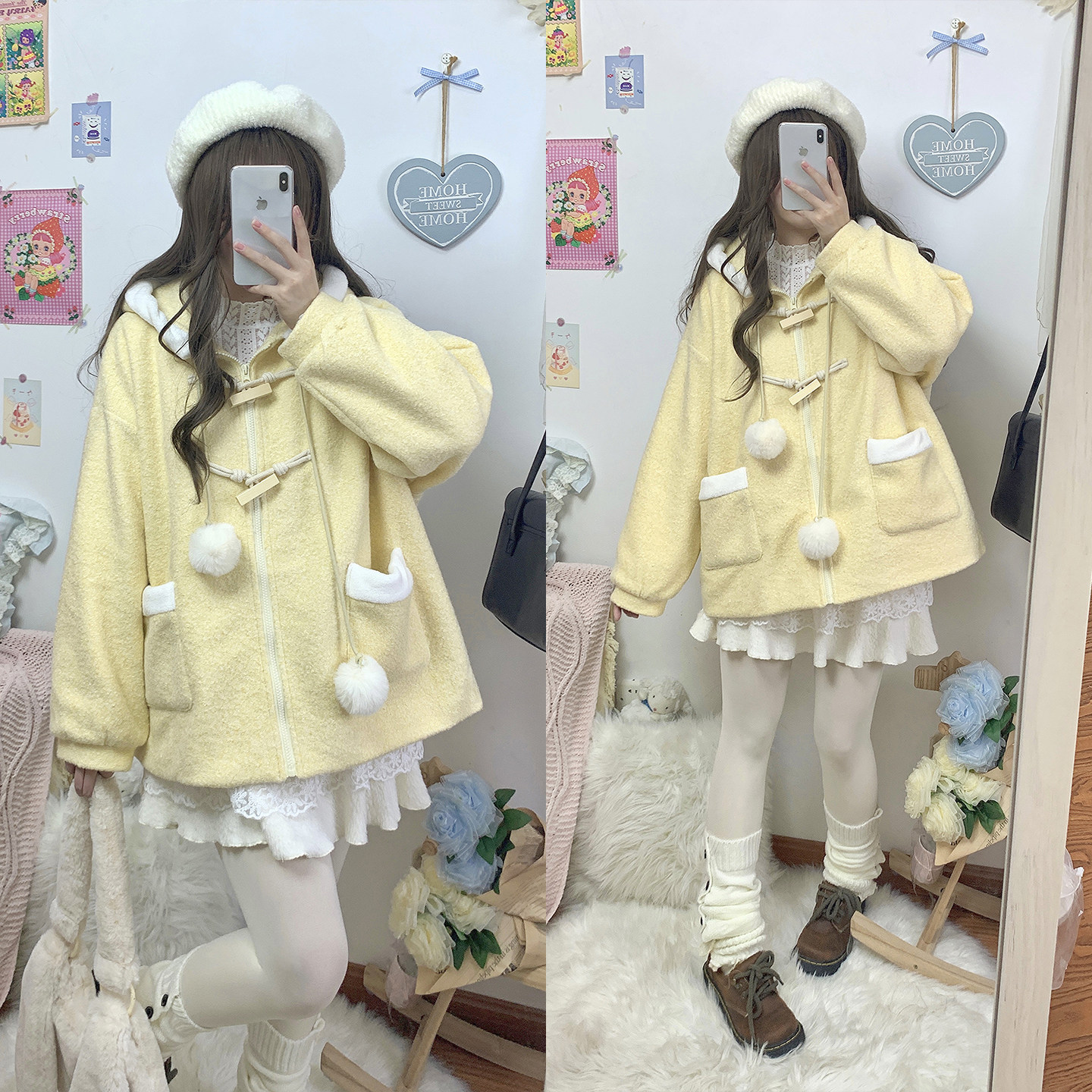 鹿大仙原创奶呼呼外套可爱奶黄色可爱木扣毛呢连帽加绒女秋冬款