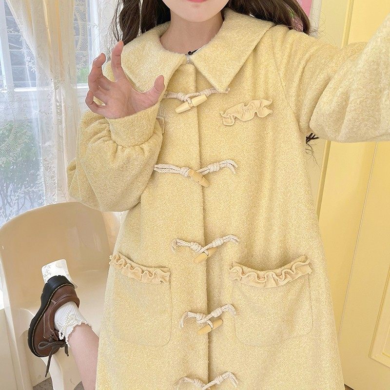 鹿大仙原创奶黄可爱牛角扣毛呢大衣外套加绒兔毛保暖粉色中长款女,女装/女士精品,毛呢外套,淘宝优惠券,粉丝福利购,淘宝优惠卷