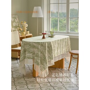 美式复古餐桌布艺轻奢高级感长方形桌布防烫田园氛围感.椭圆形台