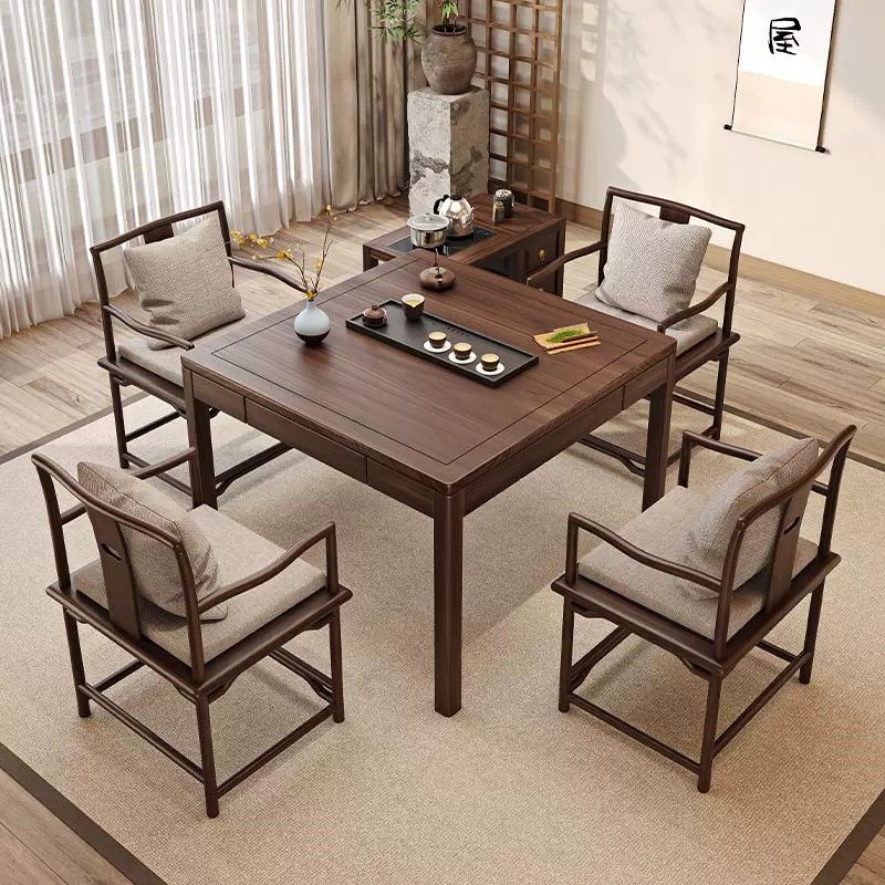 新中式八仙桌实木正方形棋牌桌椅组合掼蛋桌U简约餐桌老榆木
