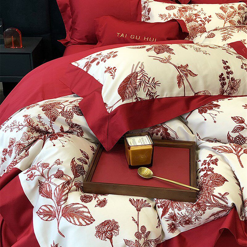 恒洽家纺现代婚庆全棉四件套纯棉100支结婚数Q码印花被套牀上用品