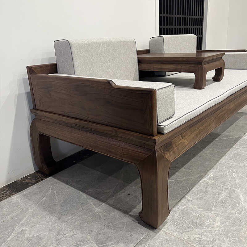 新中式罗汉床北美黑胡桃木u罗汉榻现代简约禅意伸缩实木沙发床组
