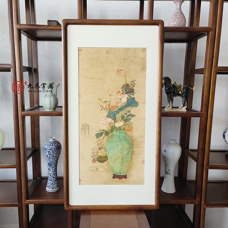 名家字画荷花牡丹花瓶挂画新中式客D厅玄关装饰画走廊过道复古壁图片
