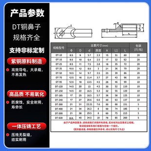 DT铜鼻子铜线耳接线端子25 50平方电线鼻子紫U铜镀锡堵油铜接