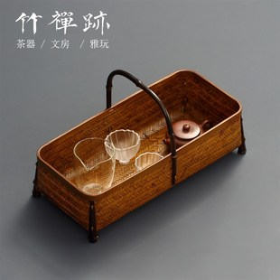手工竹编手提篮 竹禅迹 复古x茶具收纳篮编织家用水果面包筐菜篮